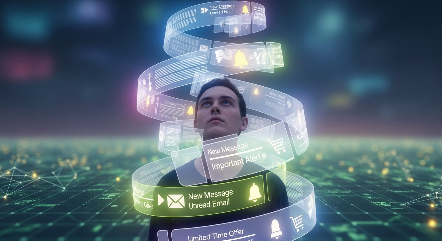 Man surrounded by a spiral of floating digital notifications and email alerts, symbolizing information overload in the digital age.