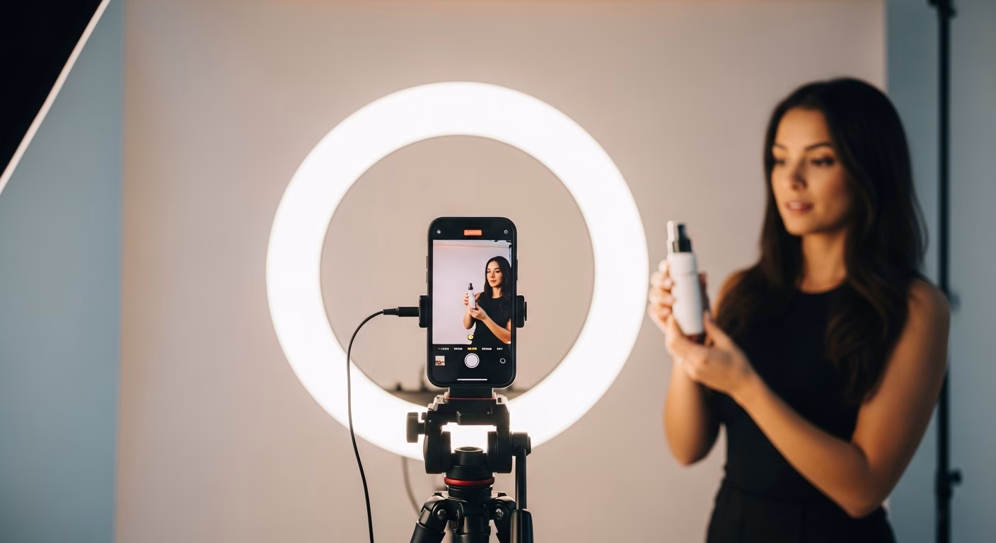 Influencer recording a beauty product video with a smartphone and ring light in a studio setup.