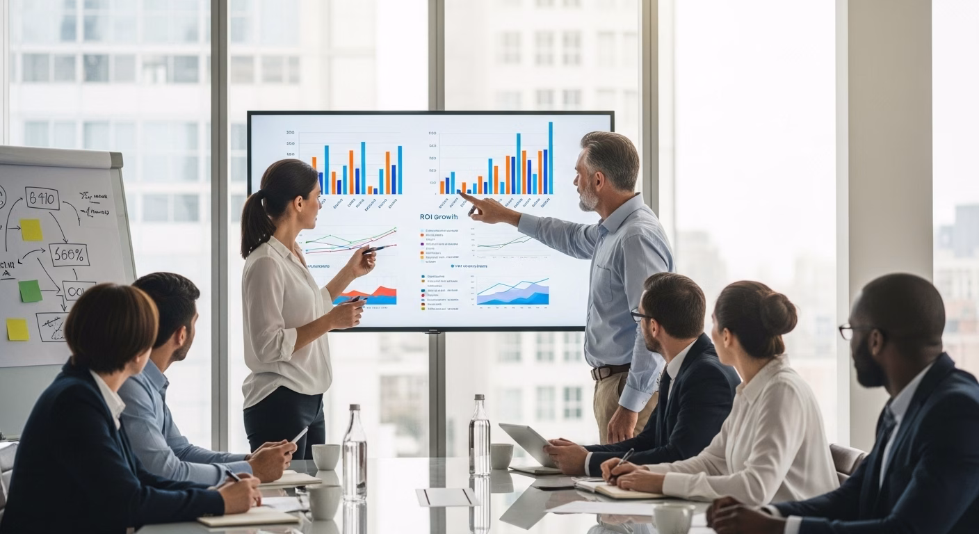 Business team in a meeting analyzing ROI growth and financial charts on a large screen presentation.