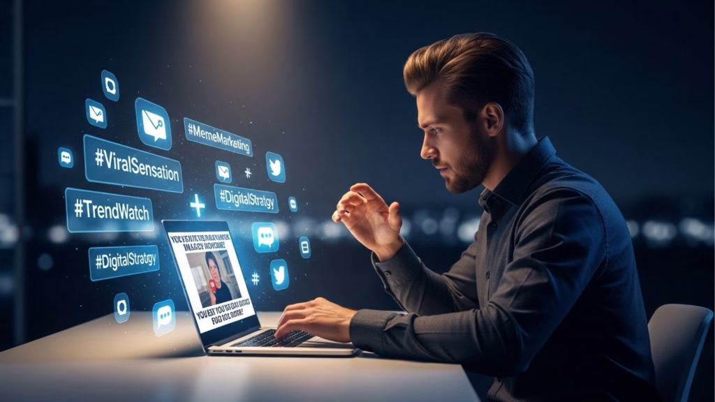 Um homem analisa em um laptop as tendências virais nas redes sociais, com hashtags flutuando ao redor, simbolizando o processo de monitoramento de estratégias digitais e memes de marketing.