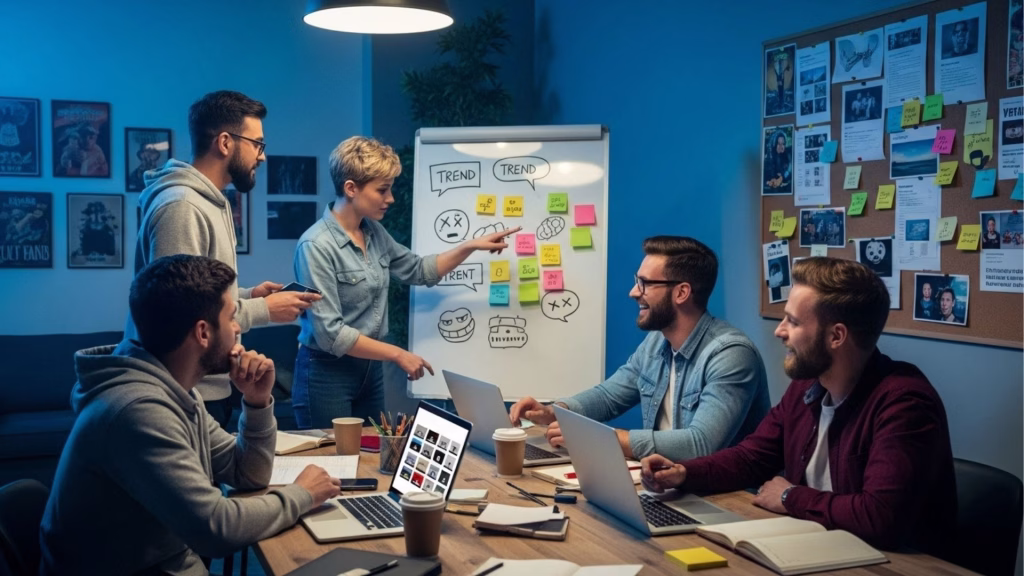 Um grupo de pessoas discutindo em uma sala de reuniões sobre tendências digitais, com uma apresentação de ideias no quadro e diversas anotações de tendências e estratégias de marketing, destacando a colaboração em um ambiente de trabalho criativo.