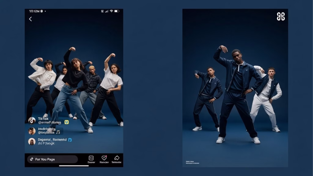 Uma captura de tela de um vídeo do TikTok com um grupo de dançarinos realizando uma coreografia, representando as tendências de dança e conteúdo viral nas redes sociais.