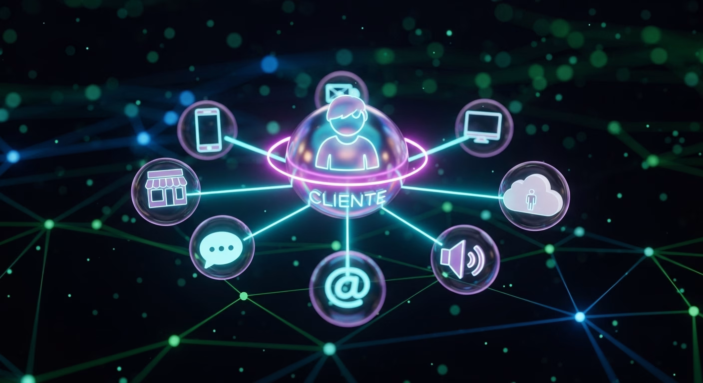 Ilustração mostra o cliente no centro conectado a múltiplos canais de atendimento e comunicação digital.