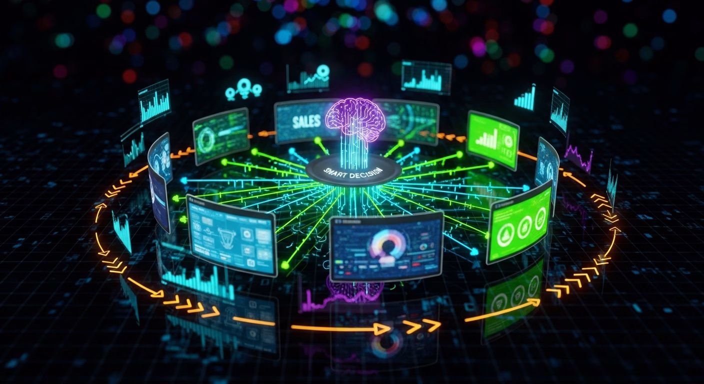 Digital illustration of a brain at the center with connected data screens around it, symbolizing smart decision-making with various analytical data.