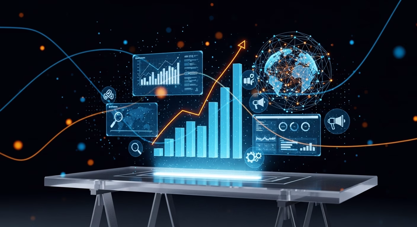 Representação futurista de gráficos e dados de crescimento global projetados acima de uma mesa digital interativa.