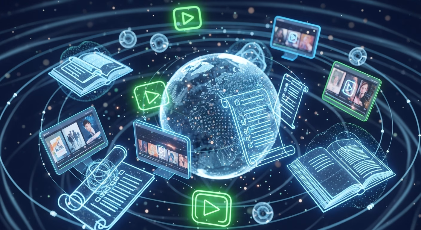 Ilustração digital de um globo cercado por livros, vídeos e telas representando aprendizado online.