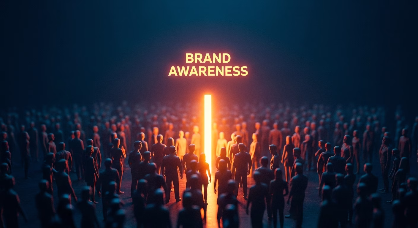 Conceptual illustration showing a crowd of people surrounding a glowing pillar with the words "Brand Awareness" above it.