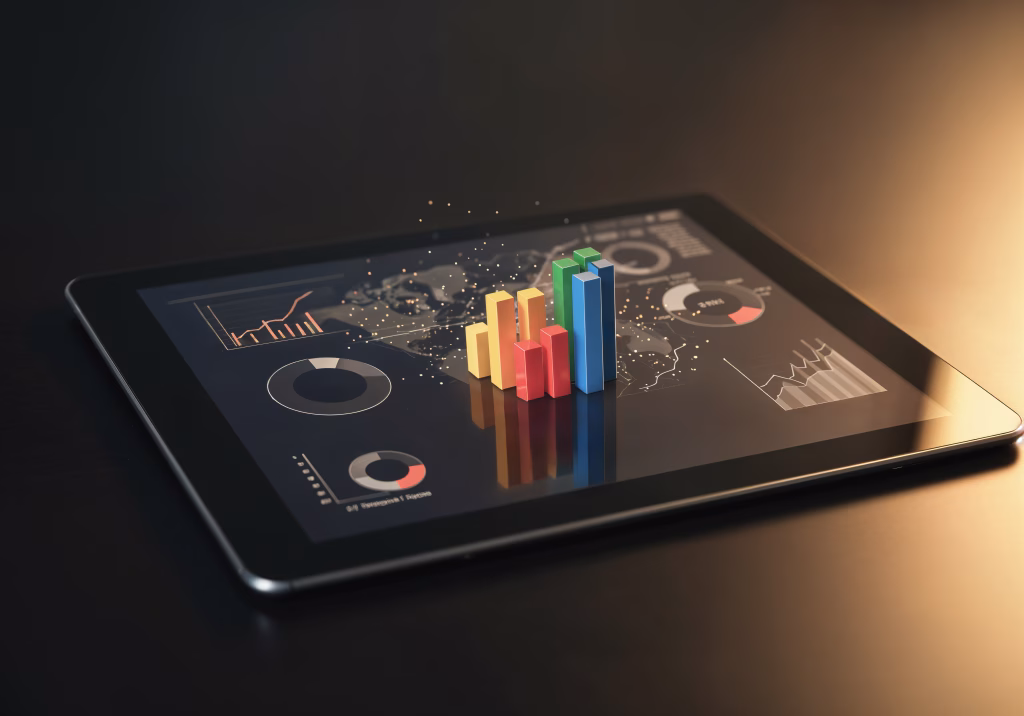 A tablet with a 3D bar chart and various data visualizations floating above the screen.