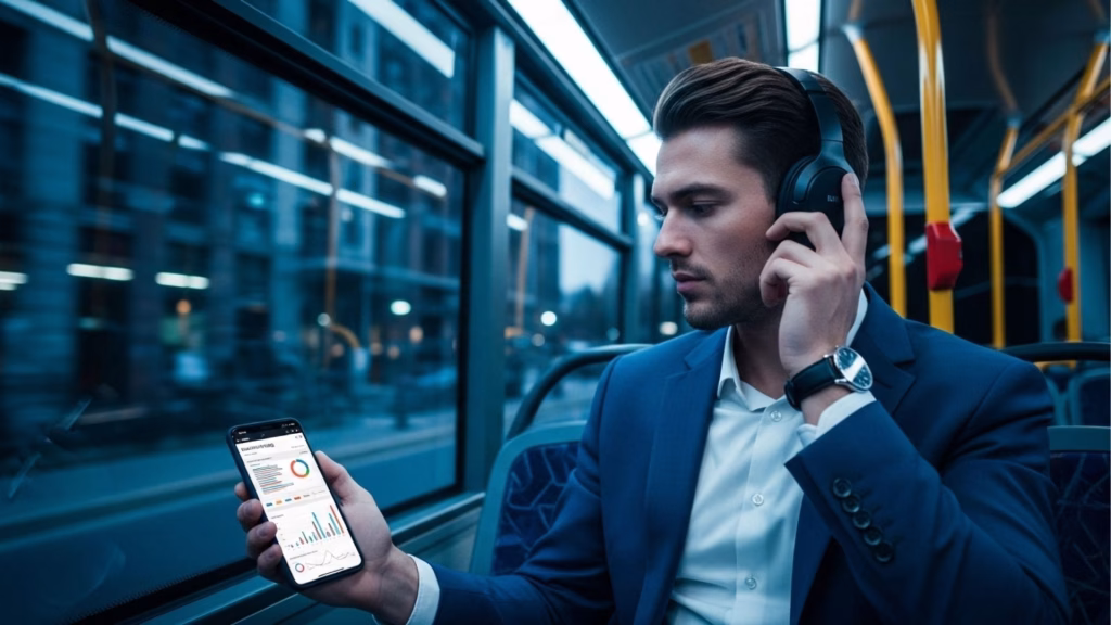 Homem de terno ouve áudio com fones enquanto observa gráficos no celular dentro de ônibus.