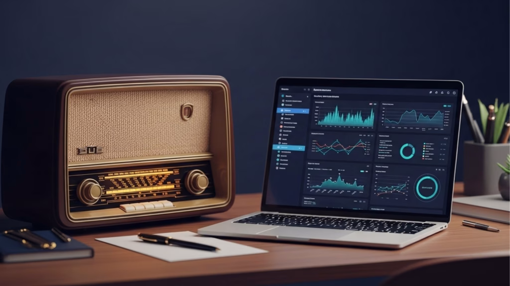 Rádio antigo ao lado de notebook com gráficos de dados em tela sobre mesa de madeira.