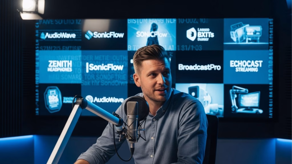 Homem em estúdio com microfone, telas ao fundo com nomes como "SonicFlow" e "AudioWave".