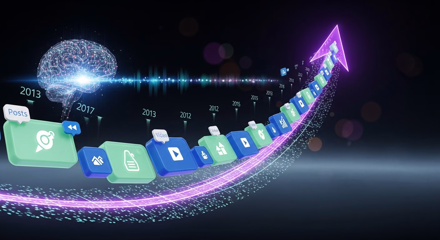 Seta ascendente com ícones de conteúdo e datas de 2012 a 2021, representando evolução digital com inteligência artificial.