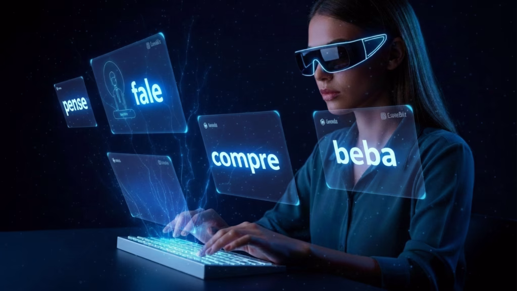 Mulher com óculos futurista digitando e interagindo com palavras flutuantes: pense, fale, compre, beba.