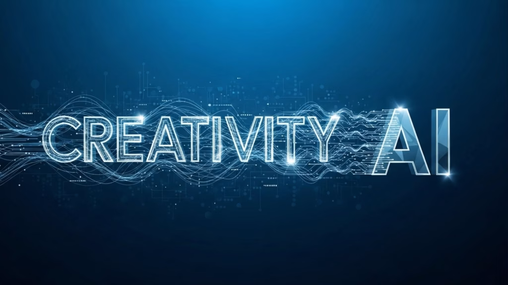Palavras “CREATIVITY AI” com efeito digital e traços conectando os termos em fundo azul tecnológico.