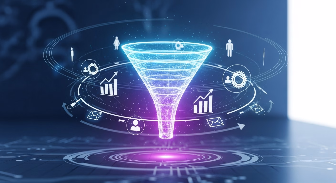 Funil digital brilhante cercado por ícones de e-mail, gráfico, engrenagem e pessoas em fundo escuro.