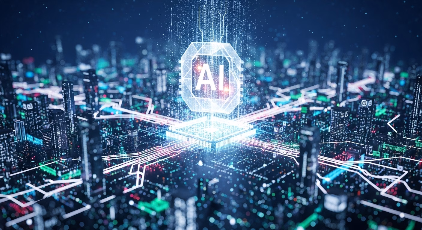 Chip com sigla AI brilhando no centro de cidade digital conectada por linhas de dados.