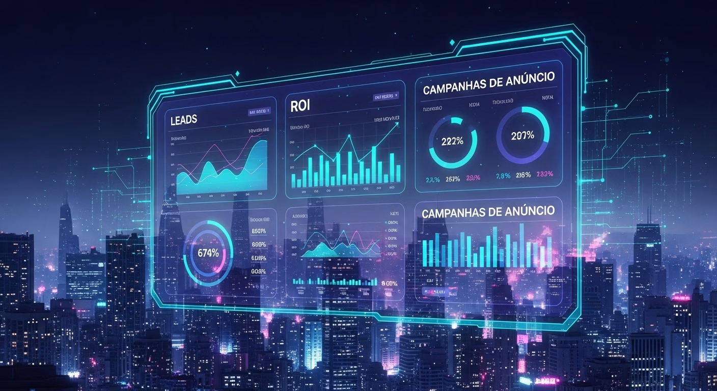 Painel digital exibe métricas de campanhas de anúncio sobre cidade à noite com visual futurista.