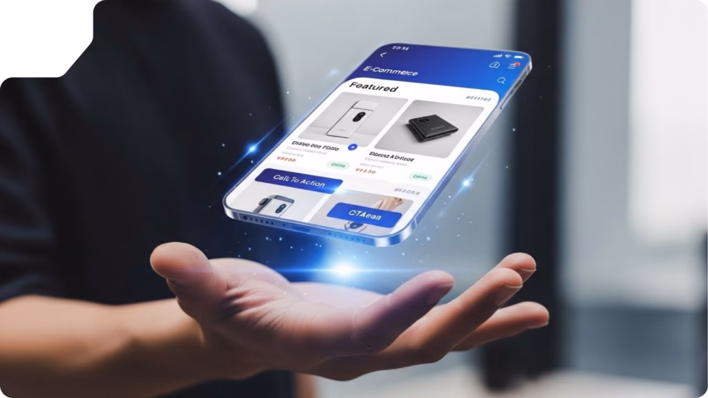 Smartphone flutuando acima de uma mão aberta, exibindo aplicativo de e-commerce com seção “Featured”, preços de produtos e botão “Call to Action”, representando compras mobile.