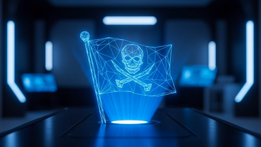 Uma holografia em 3D de uma bandeira pirata com um crânio e ossos cruzados, representando um símbolo futurista de pirataria digital.
