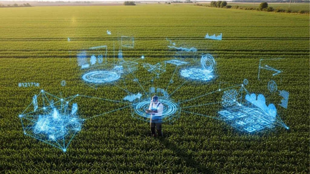 Um trabalhador agrícola em um campo aberto interagindo com hologramas digitais que representam dados, gráficos e informações, simbolizando o uso de tecnologia e análise de dados para otimizar as práticas agrícolas e tomar decisões baseadas em dados.