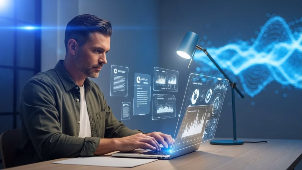 Um agricultor em um campo com hologramas e gráficos de dados ao seu redor, representando o uso de tecnologias avançadas e IoT para monitoramento agrícola e otimização de processos.