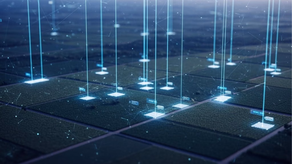 Um campo agrícola futurista com torres de dados digitais sobre cada seção, simbolizando a coleta e análise de dados em tempo real em áreas agrícolas.