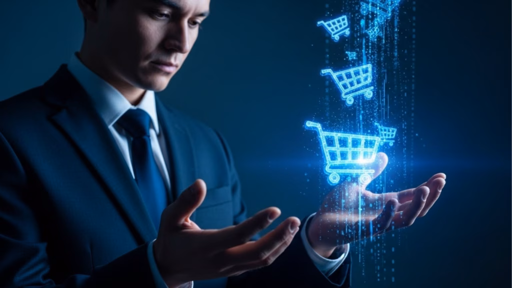 Homem de terno observando carrinhos de compra holográficos flutuando sobre as mãos, simbolizando análise e controle de vendas no ambiente digital.