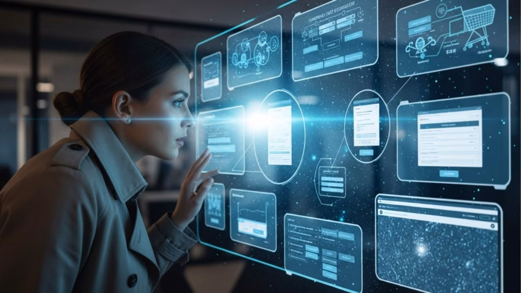Mulher analisando uma grande interface holográfica com formulários, fluxos e telas conectadas, indicando mapeamento de jornada do usuário e experiência digital.