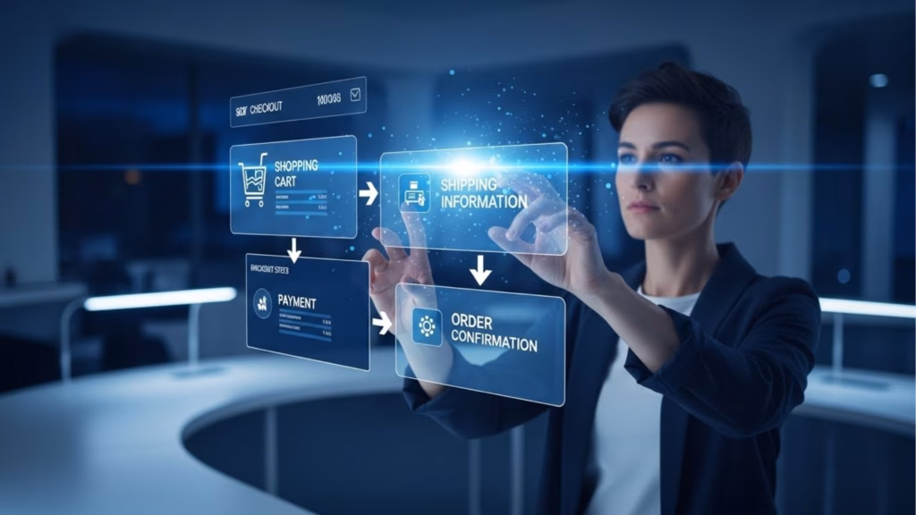 Mulher interagindo com interface holográfica de e-commerce mostrando fluxo de checkout com etapas “Shopping cart”, “Shipping information”, “Payment” e “Order confirmation”.