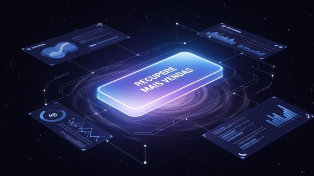 Botão digital iluminado com o texto “RECUPERE MAIS VENDAS” no centro, cercado por painéis holográficos com gráficos e indicadores de desempenho conectados por linhas.