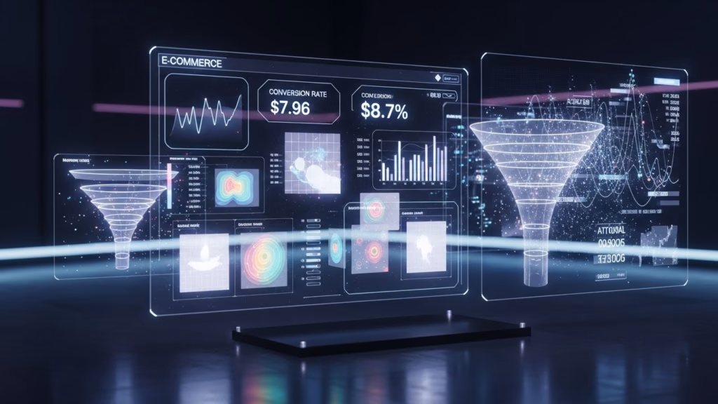 Painéis holográficos exibindo métricas de e-commerce como taxa de conversão, gráficos, mapas de calor e funil de vendas, representando análise avançada de desempenho online.