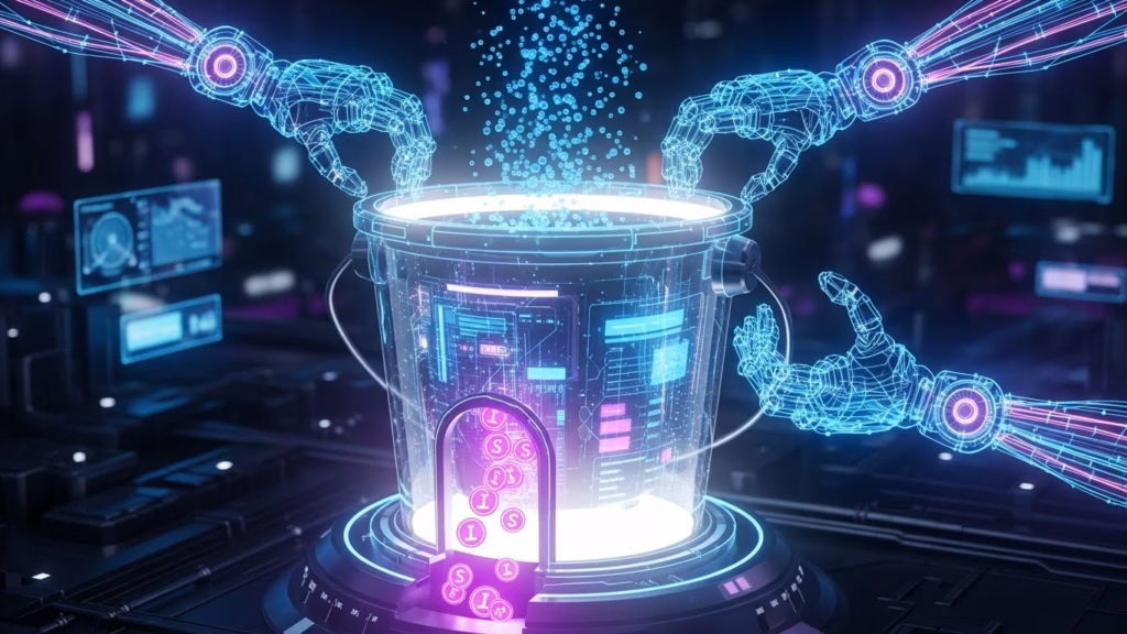 Braços robóticos holográficos despejando dados digitais em um recipiente transparente com interfaces, gráficos e ícones de moedas, representando automação, processamento de dados e geração de valor financeiro.