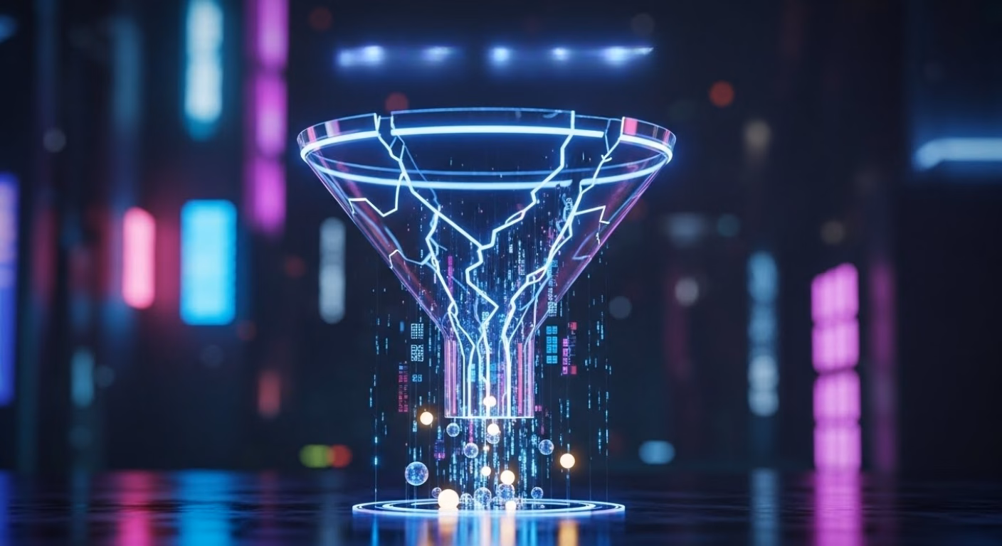 Funil digital com partículas e dados entrando e saindo Funil futurista transparente com bordas luminosas em azul, posicionado sobre uma superfície refletiva. Dados digitais e partículas esféricas caem dentro e saem organizadas por baixo. Fundo escuro com luzes coloridas borradas. Representação de funil de vendas ou marketing digital, indicando processos de captação e conversão de leads.