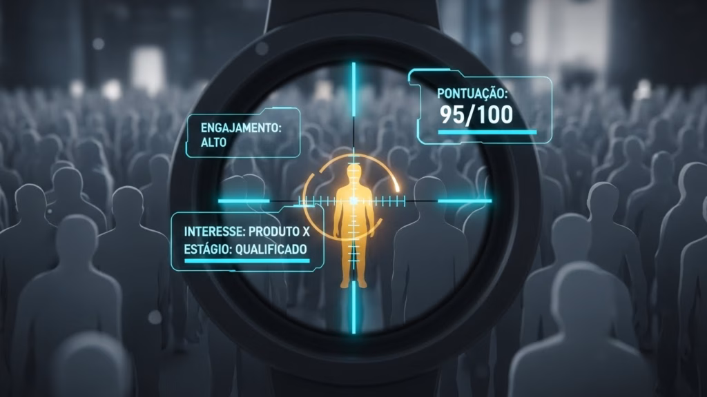 Pessoa destacada entre a multidão com indicadores de qualificação de lead Silhuetas de várias pessoas em tons escuros em um ambiente corporativo, com uma única figura central iluminada em laranja dentro de uma mira digital. Sobre ela, sobreposições de texto mostram dados: "Pontuação: 95/100", "Engajamento: Alto" e "Interesse: Produto X, Estágio: Qualificado". Representação visual de segmentação e qualificação de leads em marketing digital.