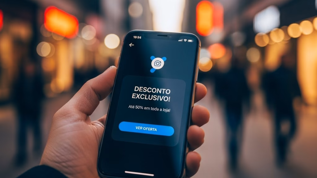 Pessoa segurando um smartphone exibindo notificação com o texto “DESCONTO EXCLUSIVO! Até 50% em toda a loja!” e botão “VER OFERTA”, em uma rua com pessoas desfocadas ao fundo.