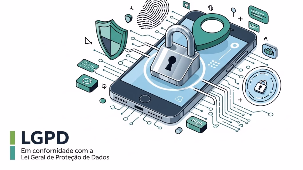 Ilustração de um celular com cadeado, escudo e ícones de segurança, com o texto “LGPD – Em conformidade com a Lei Geral de Proteção de Dados”.