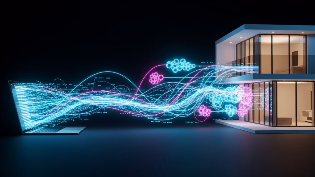 Fluxos de dados digitais saindo de um laptop em direção a uma casa moderna, simbolizando tecnologia, dados e automação aplicados ao mercado imobiliário.