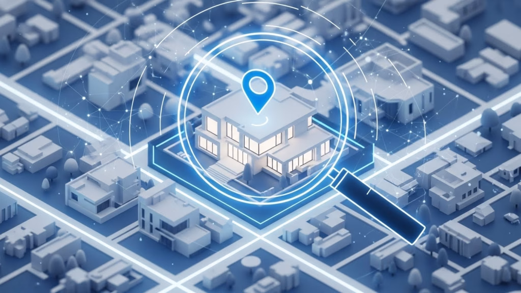 Mapa urbano estilizado com uma casa destacada por um marcador de localização e uma lupa, representando busca e análise de imóveis por geolocalização.