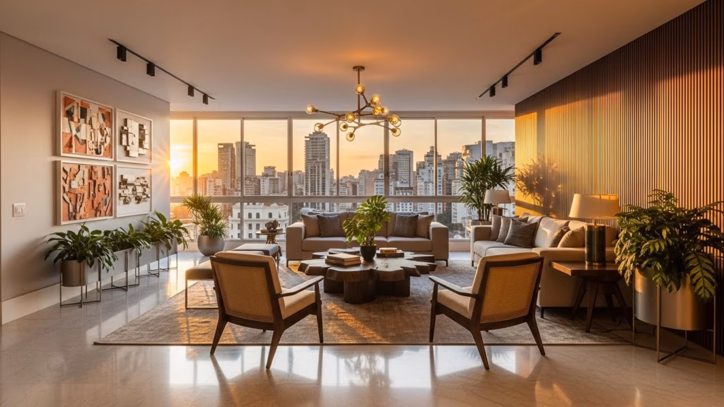 Sala de estar ampla e moderna com sofás, poltronas, plantas e grandes janelas com vista para a cidade ao pôr do sol, destacando um imóvel de alto padrão.