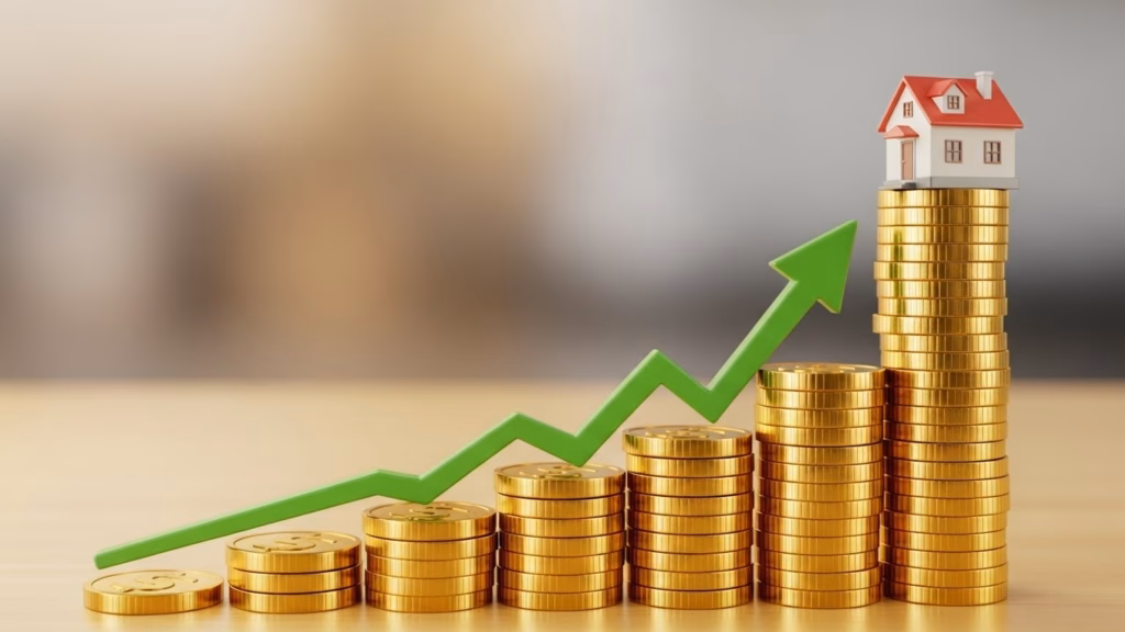 Pilha crescente de moedas douradas com uma casa no topo e uma seta verde apontando para cima, representando valorização imobiliária e crescimento de investimento.