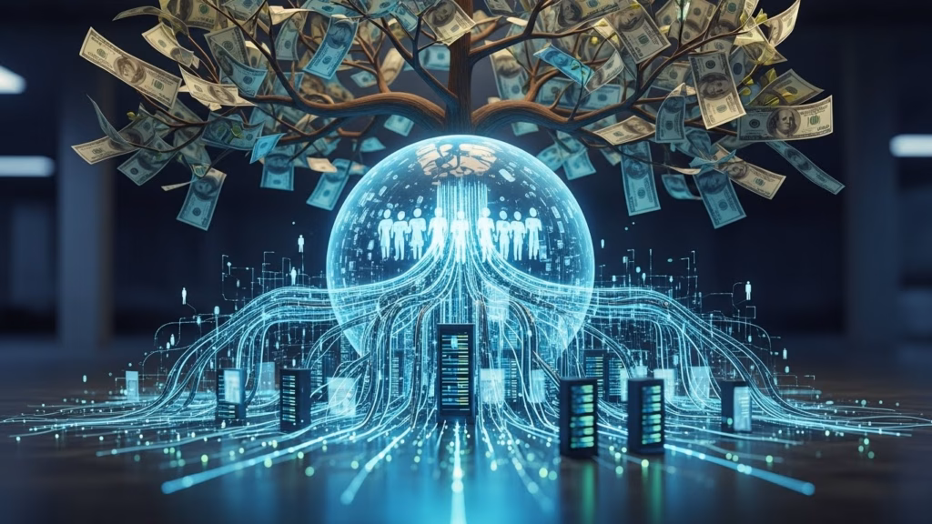 Imagem de uma árvore com folhas de cédulas de dinheiro caindo. A árvore está em cima de um globo iluminado com gráficos de dados e representações de pessoas em linhas digitais. Abaixo, há um fluxo de dados que se conecta a servidores e dispositivos de armazenamento digital. A cena representa simbolicamente a geração de valor e a conexão entre pessoas, tecnologia e finanças no ambiente digital.