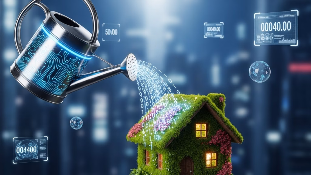 Um regador com design futurista, esguichando dados digitais sobre uma casa com vegetação, simbolizando o crescimento e a nutrição de um imóvel por meio de informações e dados, representando o uso de tecnologia no setor imobiliário.