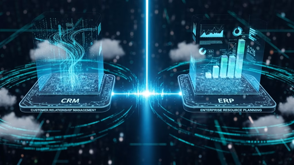 Uma comparação visual entre dois sistemas de gestão: CRM (Customer Relationship Management) e ERP (Enterprise Resource Planning), ambos representados com gráficos e dados interativos fluindo entre eles, ilustrando a integração de sistemas para negócios.