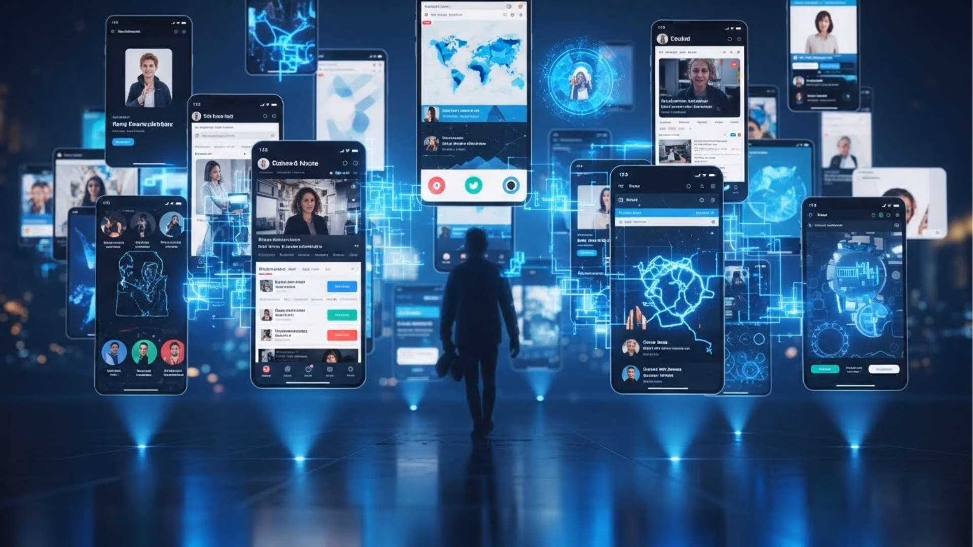 Pessoa caminhando em meio a diversas telas digitais suspensas com interfaces de redes sociais, videochamadas e dados conectados, representando navegação em um ambiente digital imersivo.