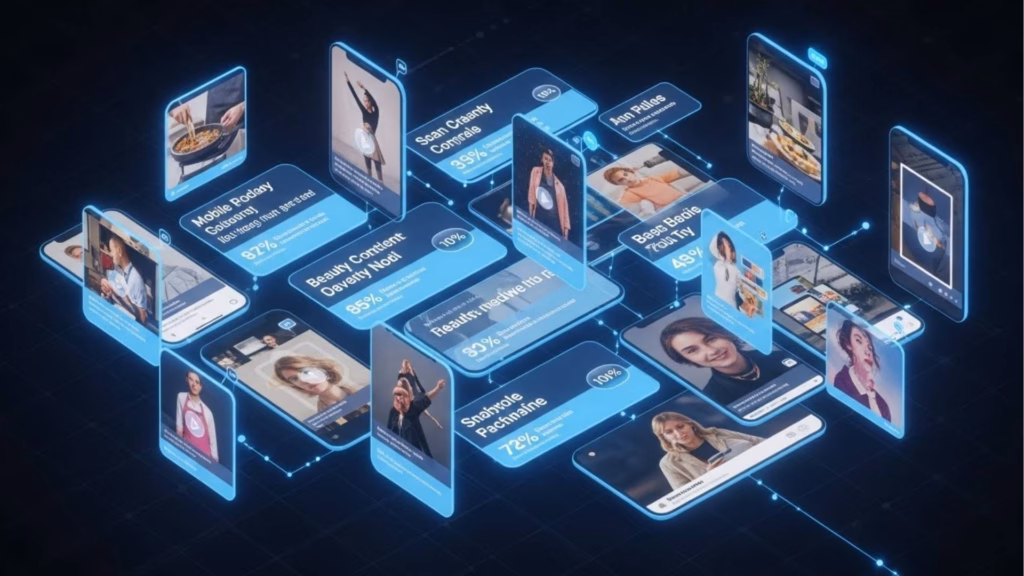 Telas flutuantes em formato de smartphones exibindo vídeos, imagens e porcentagens associadas a diferentes tipos de conteúdo, sugerindo análise de engajamento ou preferências.