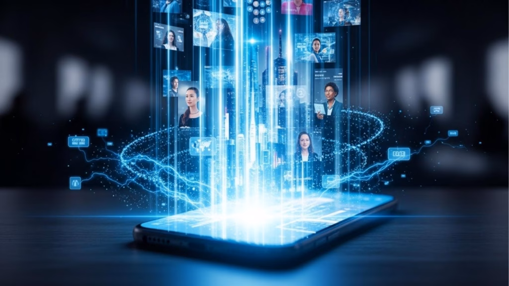 Smartphone sobre uma mesa emitindo feixes de luz azul que projetam rostos, gráficos e ícones digitais no ar, simbolizando conexões virtuais e comunicação em rede.