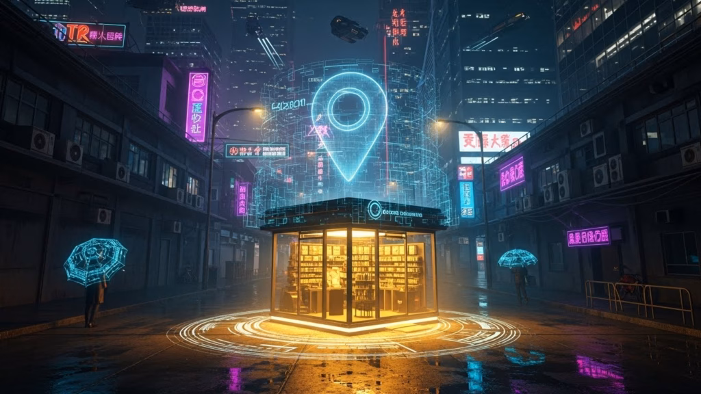 Uma cena futurista de uma cidade iluminada por neon, com um ponto de localização digital brilhante no centro, representando a importância de SEO local e marketing digital em um ambiente urbano virtual.