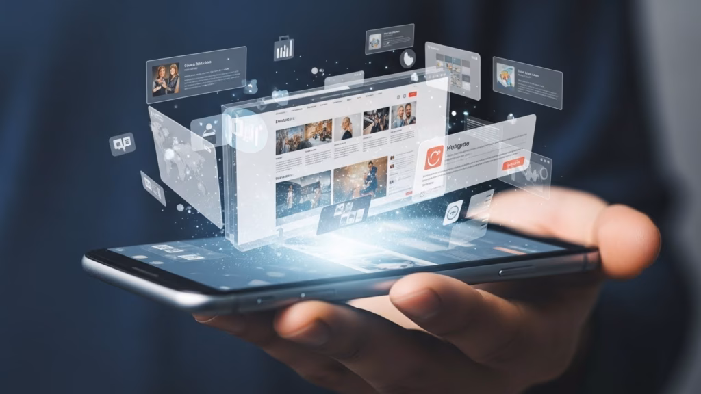 Um celular sendo segurado por uma pessoa, com várias janelas flutuando em realidade aumentada, exibindo dados e imagens de redes sociais, sites e gráficos, representando a interação digital moderna e dinâmica.