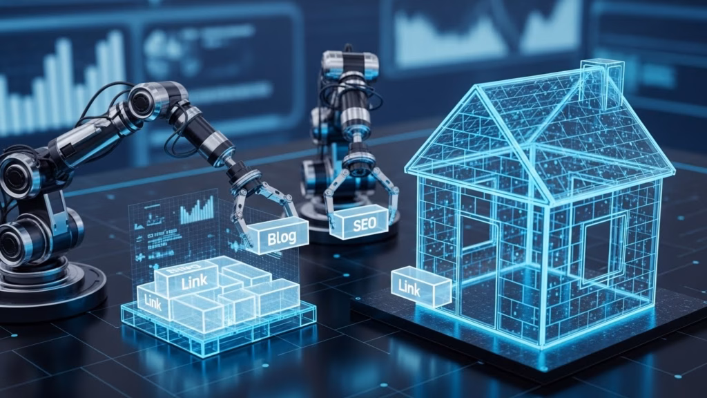 Imagem futurista mostrando braços robóticos montando blocos digitais com palavras como "Blog", "SEO" e "Link", enquanto constroem uma estrutura tridimensional em forma de casa, simbolizando a construção digital através de links e conteúdo.