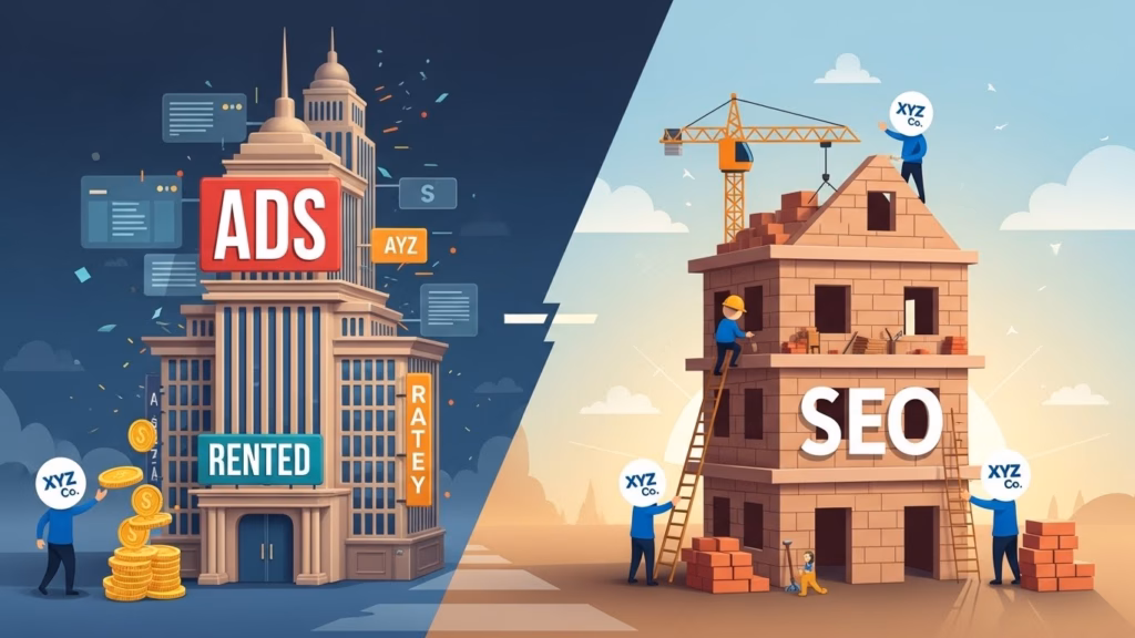 Ilustração comparativa entre duas abordagens de marketing digital: à esquerda, "ADS" (Anúncios pagos) representados por um edifício moderno, onde moedas e dados flutuam ao redor, e à direita, "SEO" (Otimização para motores de busca) representado por uma construção em andamento, com trabalhadores construindo uma base sólida.